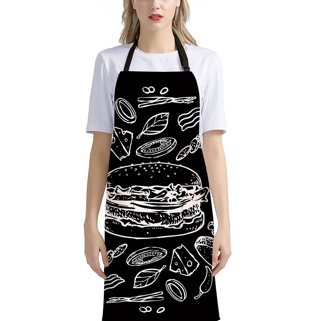 Black And White Hamburger Print Bib Apron With Pocket