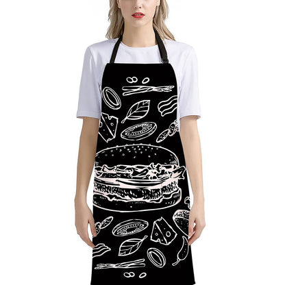 Black And White Hamburger Print Bib Apron With Pocket