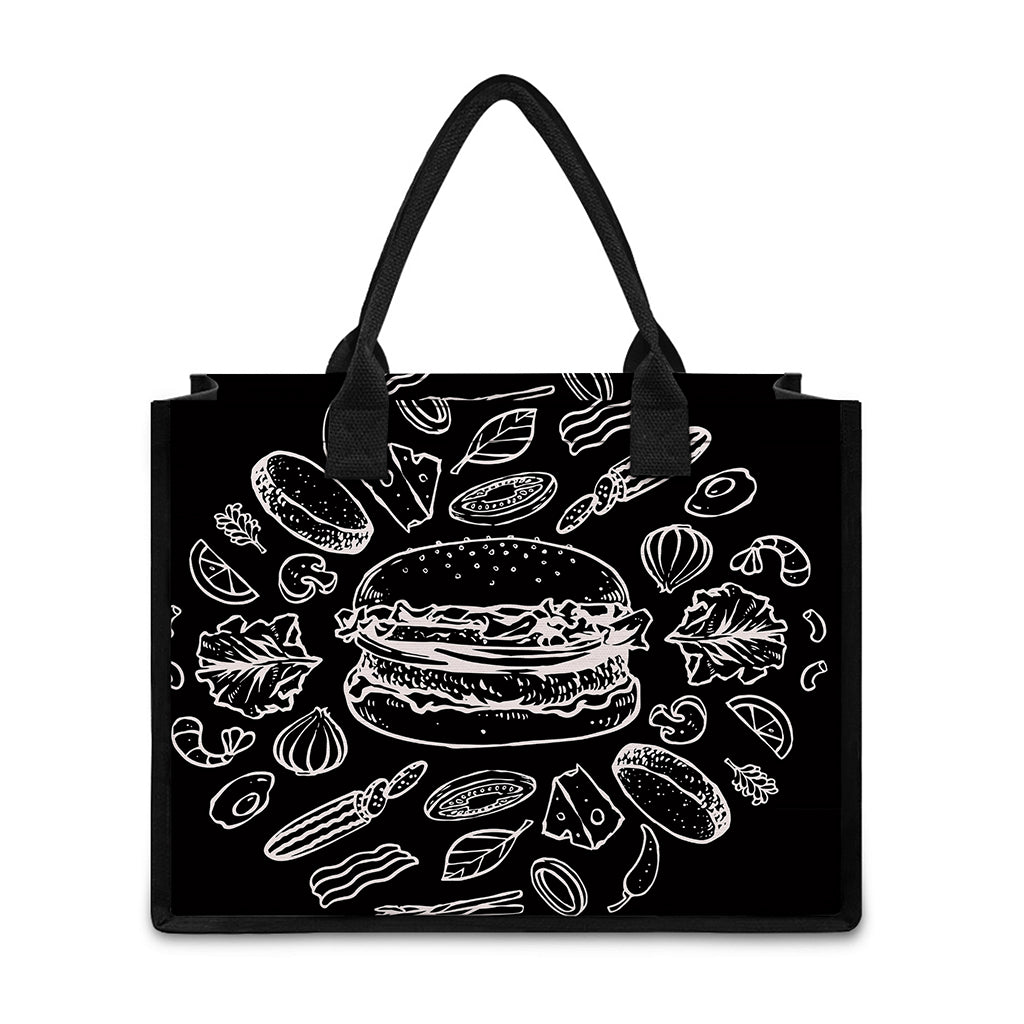 Black And White Hamburger Print Canvas Tote Bag