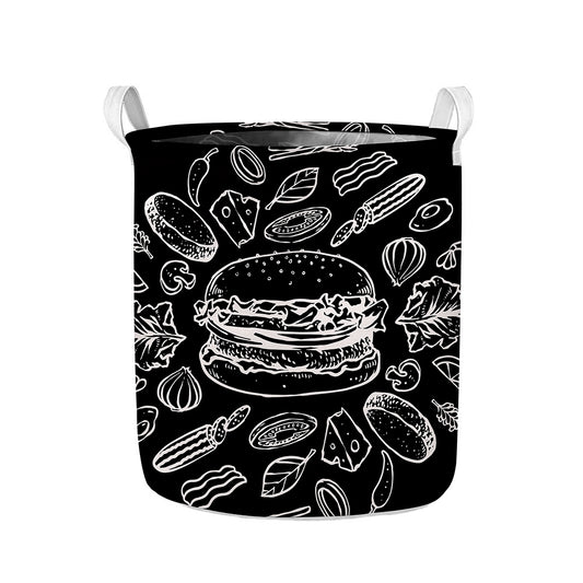 Black And White Hamburger Print Collapsible Laundry Basket