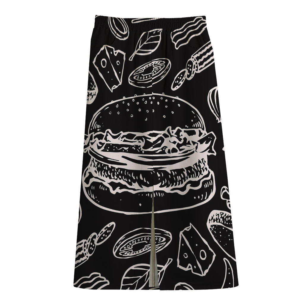 Black And White Hamburger Print Cotton Front Slit Maxi Skirt