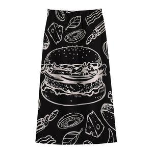 Black And White Hamburger Print Cotton Front Slit Maxi Skirt