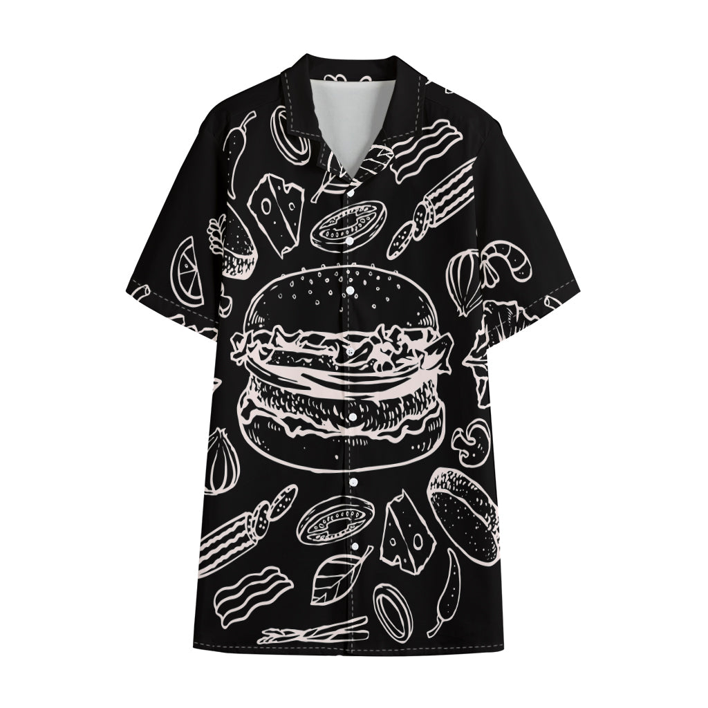 Black And White Hamburger Print Cotton Hawaiian Shirt