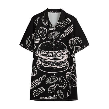Black And White Hamburger Print Cotton Hawaiian Shirt
