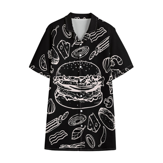 Black And White Hamburger Print Cotton Hawaiian Shirt