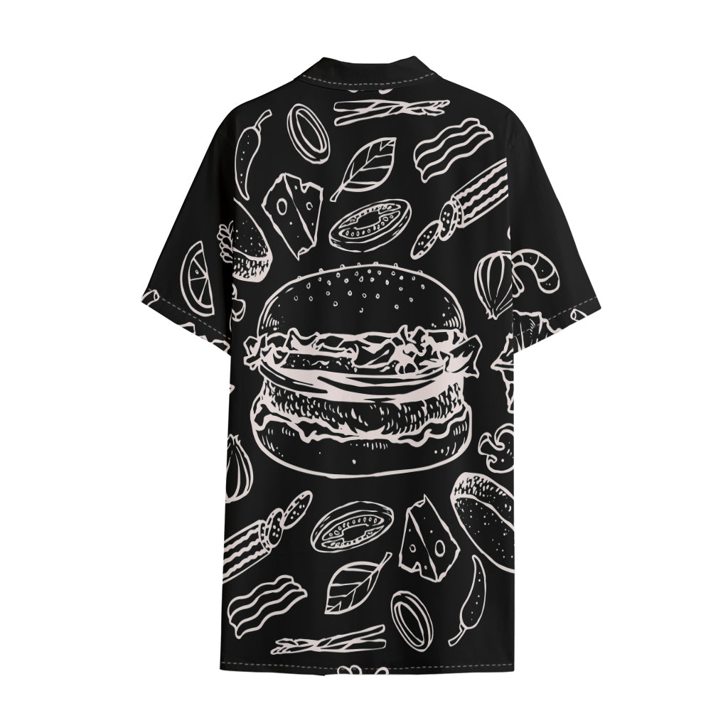 Black And White Hamburger Print Cotton Hawaiian Shirt