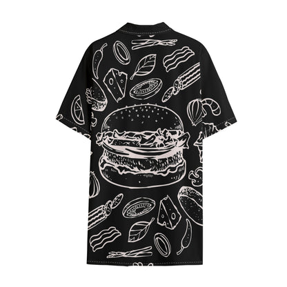 Black And White Hamburger Print Cotton Hawaiian Shirt