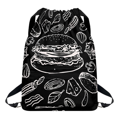 Black And White Hamburger Print Drawstring Backpack