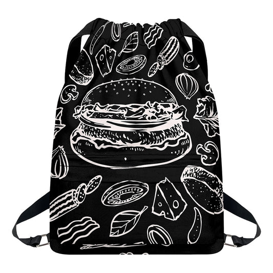 Black And White Hamburger Print Drawstring Backpack