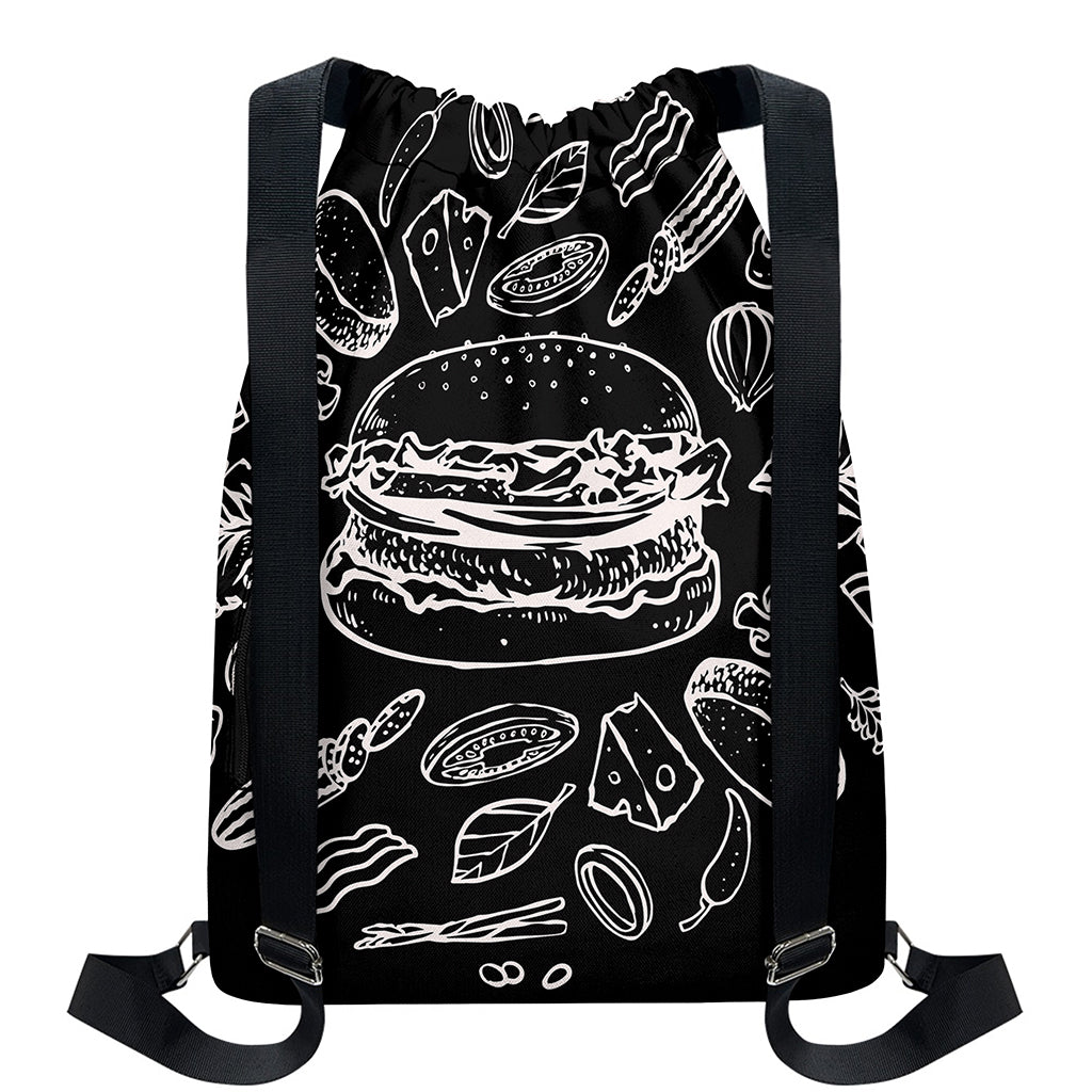 Black And White Hamburger Print Drawstring Backpack