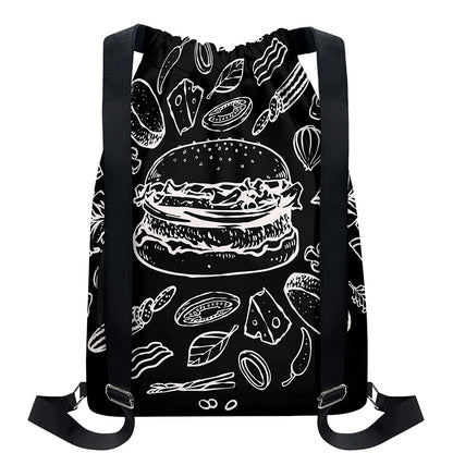 Black And White Hamburger Print Drawstring Backpack