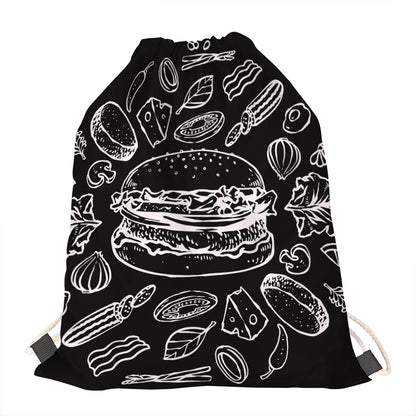 Black And White Hamburger Print Drawstring Bag