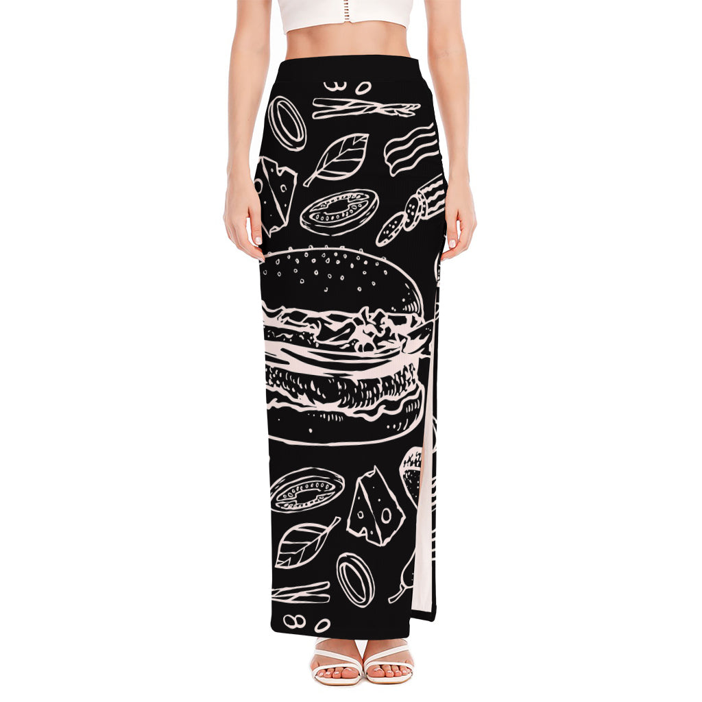 Black And White Hamburger Print High Slit Maxi Skirt