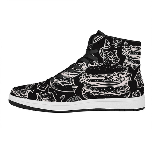 Black And White Hamburger Print High Top Leather Sneakers