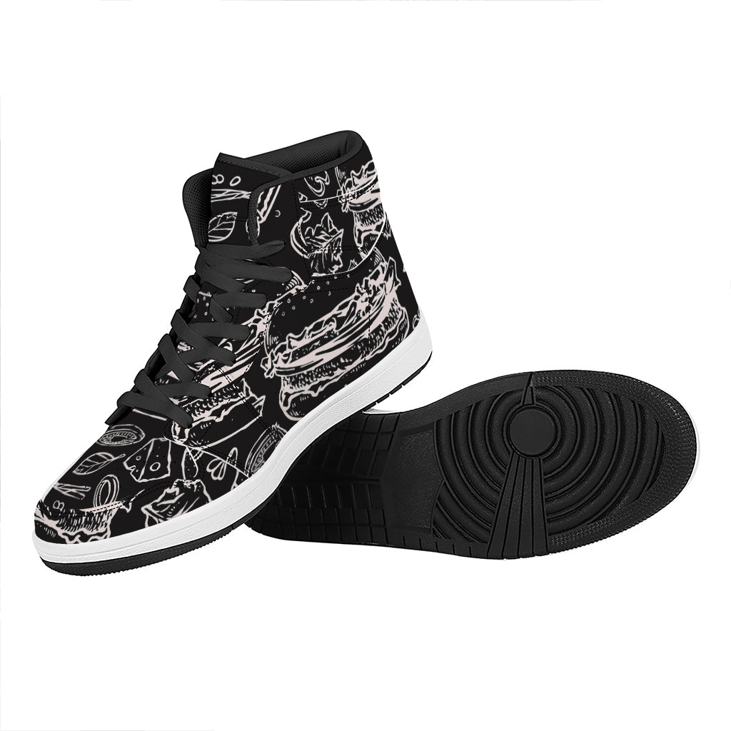 Black And White Hamburger Print High Top Leather Sneakers