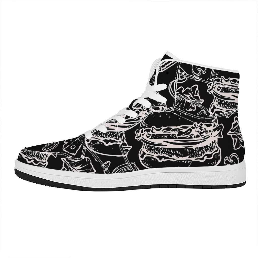 Black And White Hamburger Print High Top Leather Sneakers