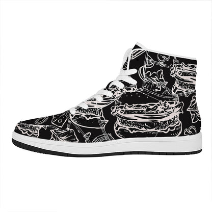 Black And White Hamburger Print High Top Leather Sneakers