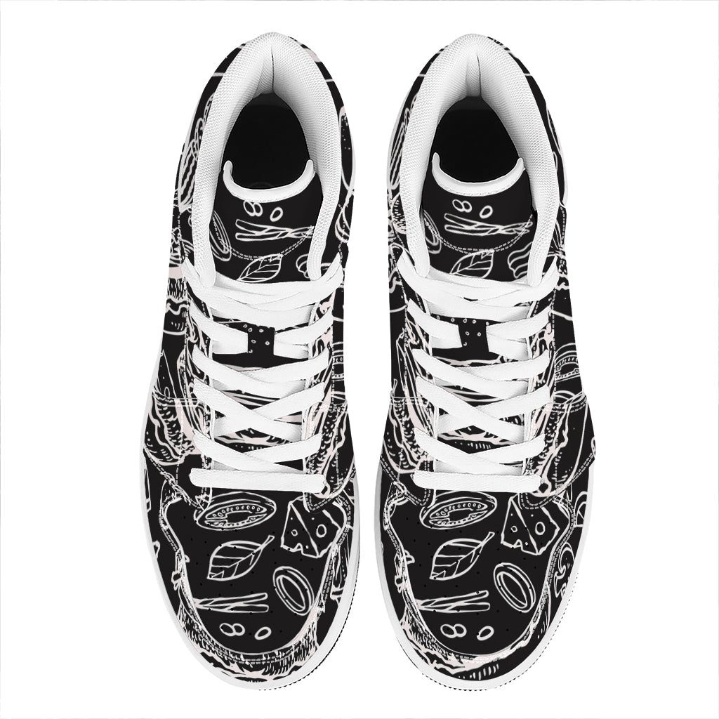 Black And White Hamburger Print High Top Leather Sneakers