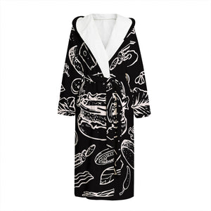 Black And White Hamburger Print Hooded Bathrobe