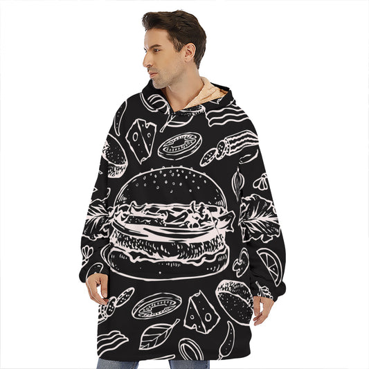 Black And White Hamburger Print Hoodie Blanket