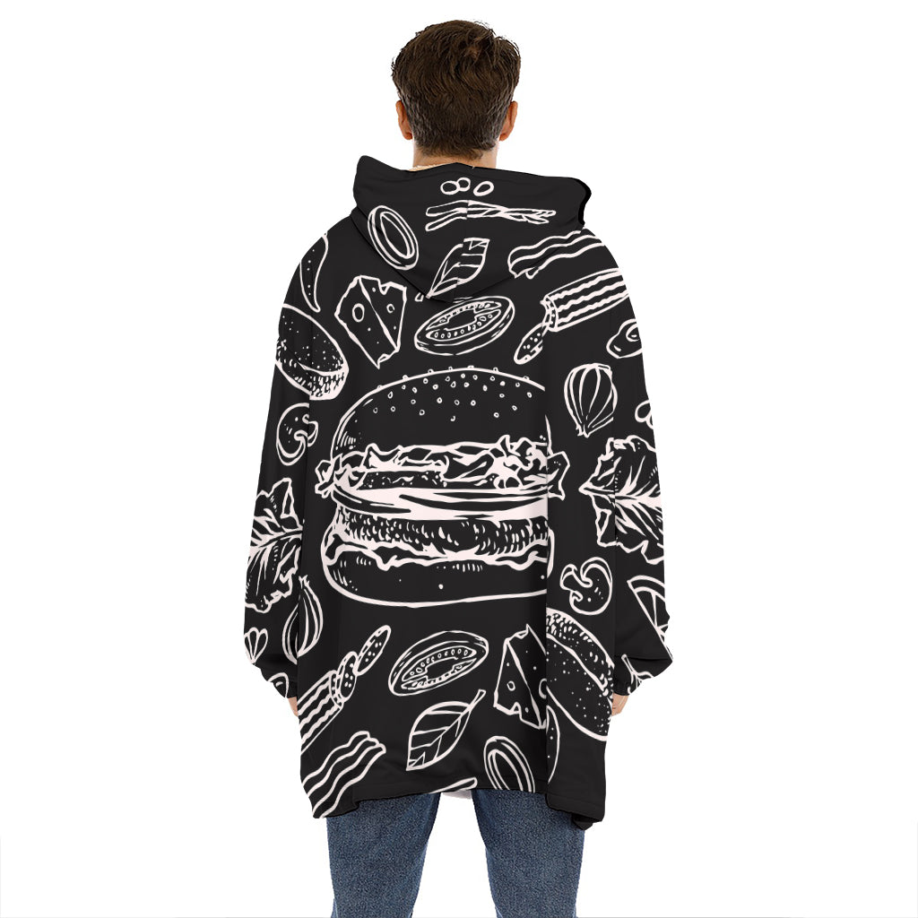 Black And White Hamburger Print Hoodie Blanket
