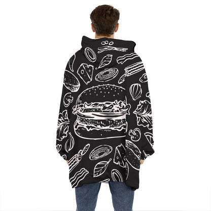 Black And White Hamburger Print Hoodie Blanket