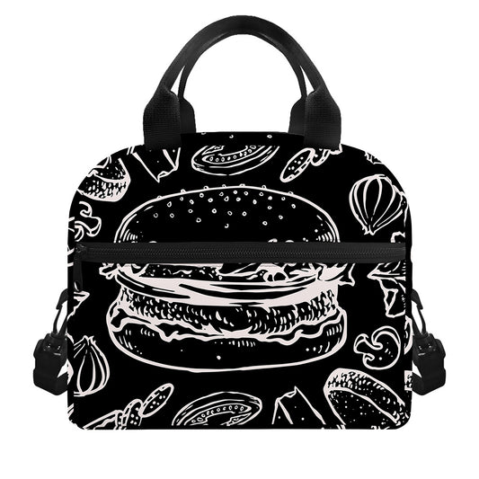 Black And White Hamburger Print Insulated Lunch Bag