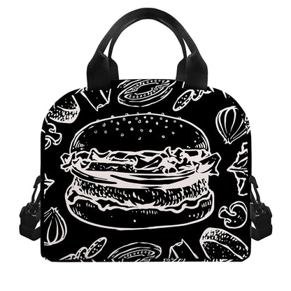 Black And White Hamburger Print Insulated Lunch Bag