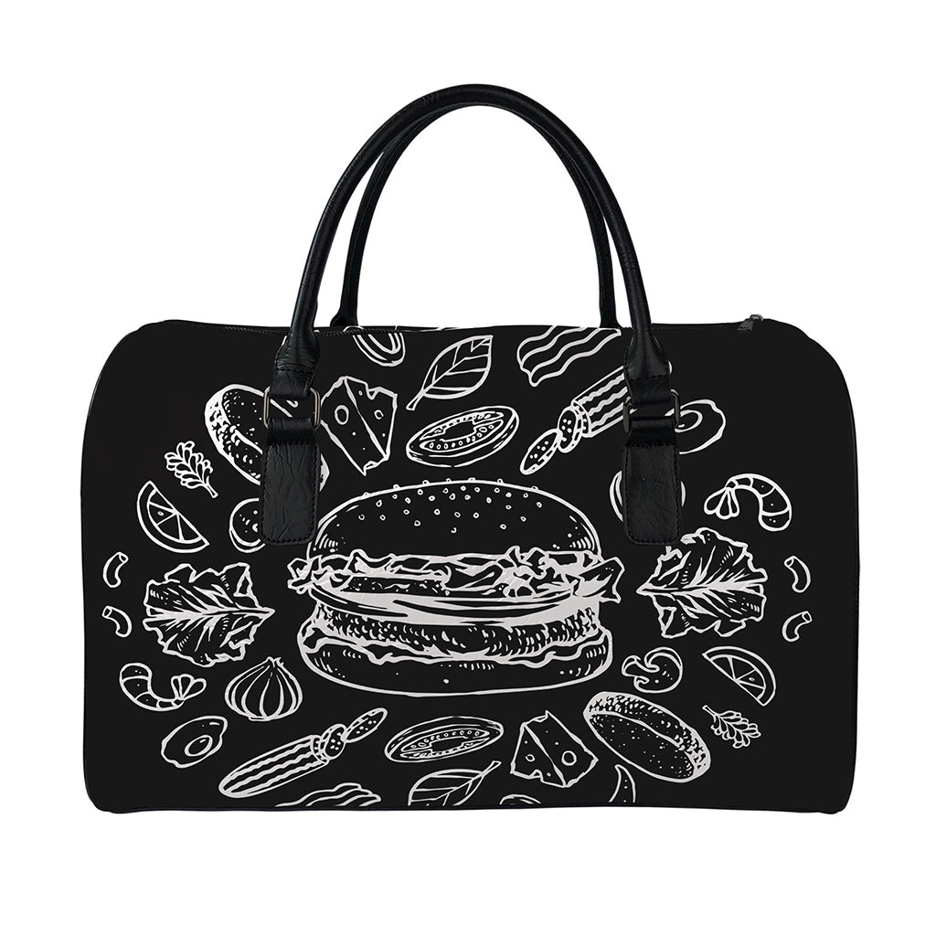 Black And White Hamburger Print Leather Duffle Bag