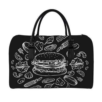 Black And White Hamburger Print Leather Duffle Bag