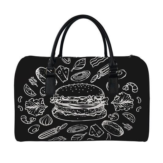 Black And White Hamburger Print Leather Duffle Bag