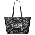 Black And White Hamburger Print Leather Tote Bag With Zipper