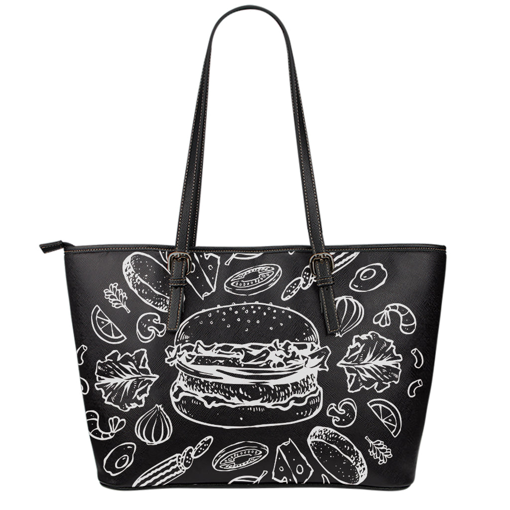 Black And White Hamburger Print Leather Tote Bag