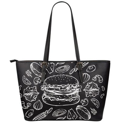 Black And White Hamburger Print Leather Tote Bag