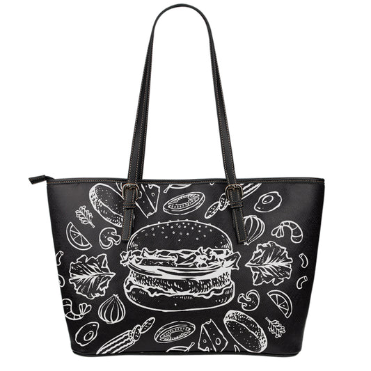 Black And White Hamburger Print Leather Tote Bag
