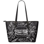 Black And White Hamburger Print Leather Tote Bag