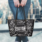 Black And White Hamburger Print Leather Tote Bag