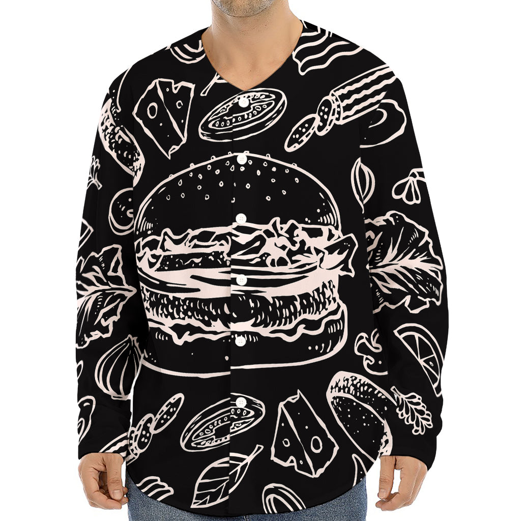 Black And White Hamburger Print Long Sleeve Baseball Jersey