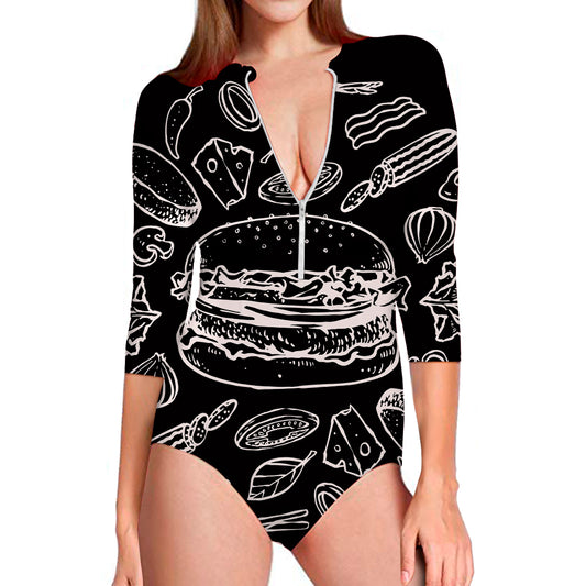 Black And White Hamburger Print Long Sleeve Swimsuit