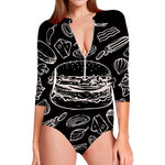 Black And White Hamburger Print Long Sleeve Swimsuit