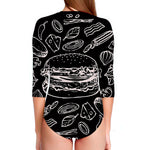 Black And White Hamburger Print Long Sleeve Swimsuit
