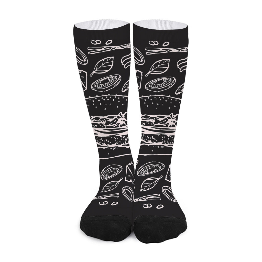Black And White Hamburger Print Long Socks