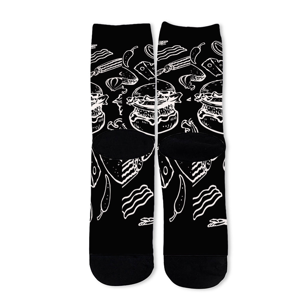Black And White Hamburger Print Long Socks