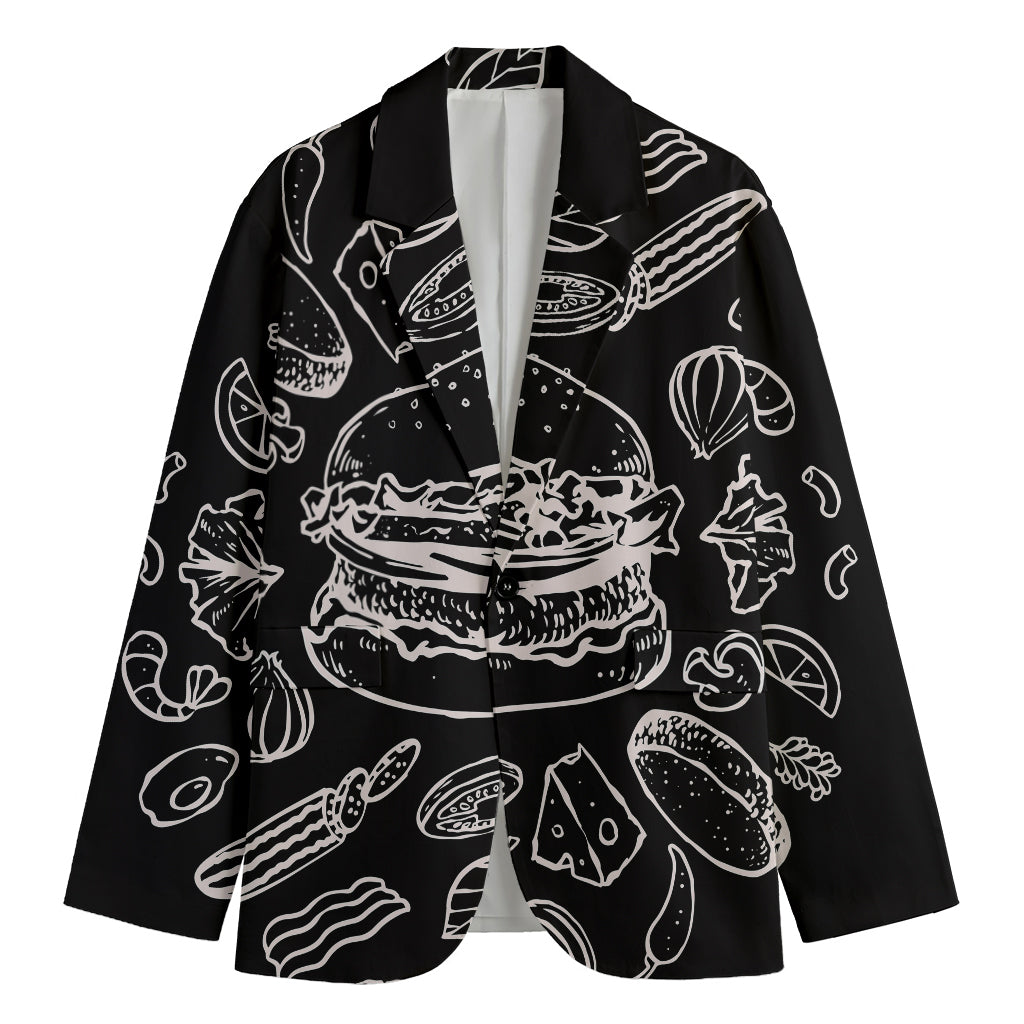 Black And White Hamburger Print Men's Cotton Blazer