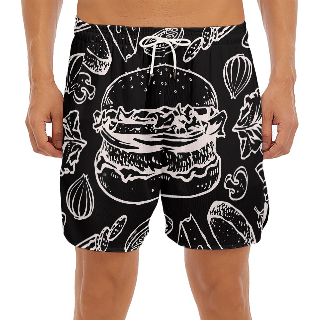 Black And White Hamburger Print Men's Split Running Shorts