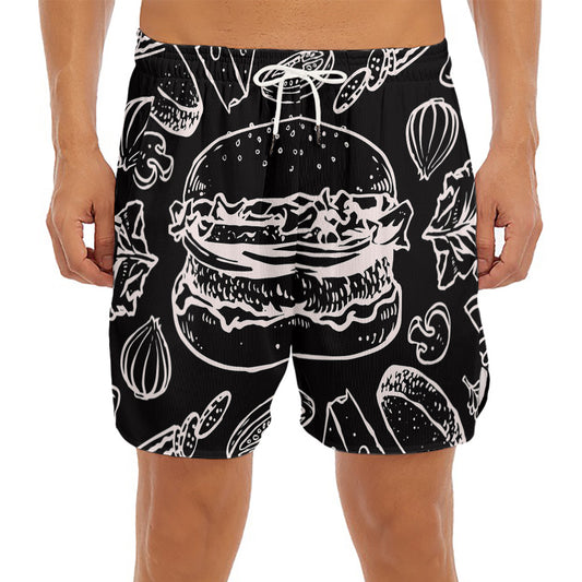 Black And White Hamburger Print Men's Split Running Shorts