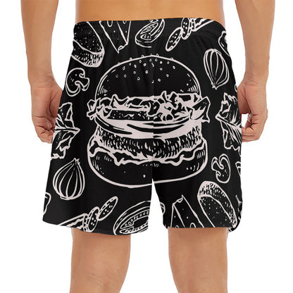 Black And White Hamburger Print Men's Split Running Shorts