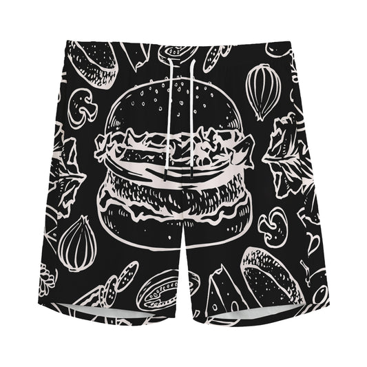 Black And White Hamburger Print Men's Sports Shorts