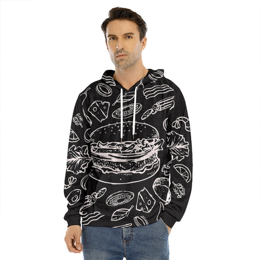 Black And White Hamburger Print Men's Velvet Pullover Hoodie