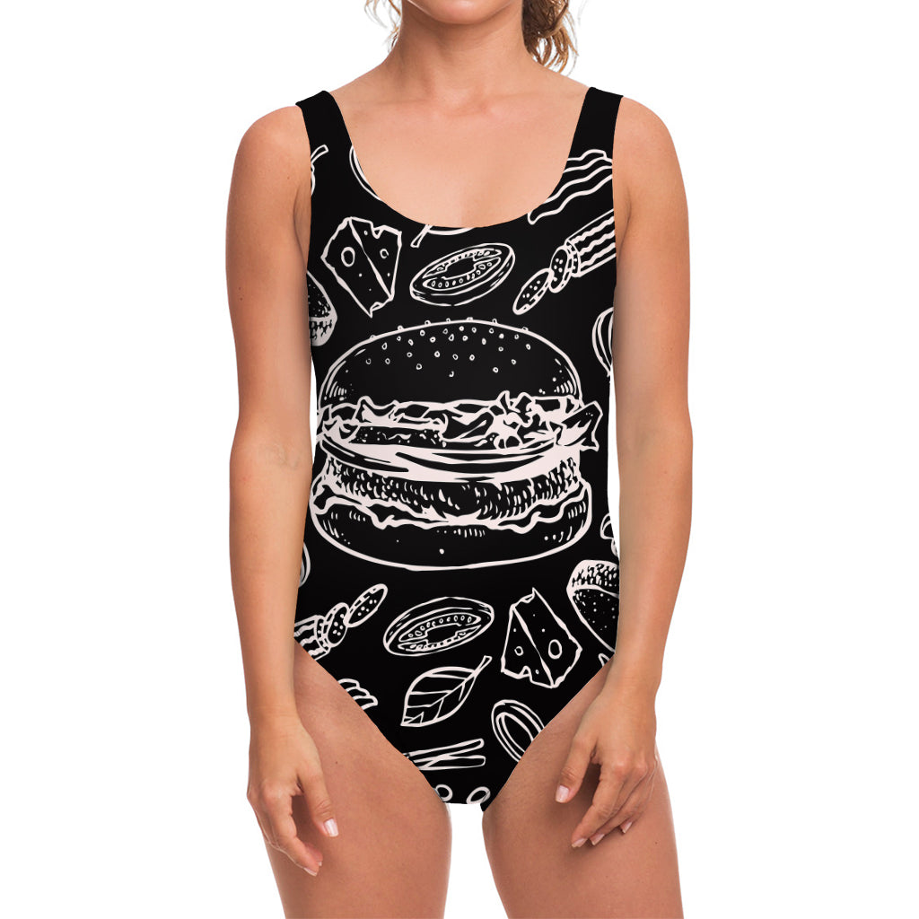 Black And White Hamburger Print One Piece Swimsuit